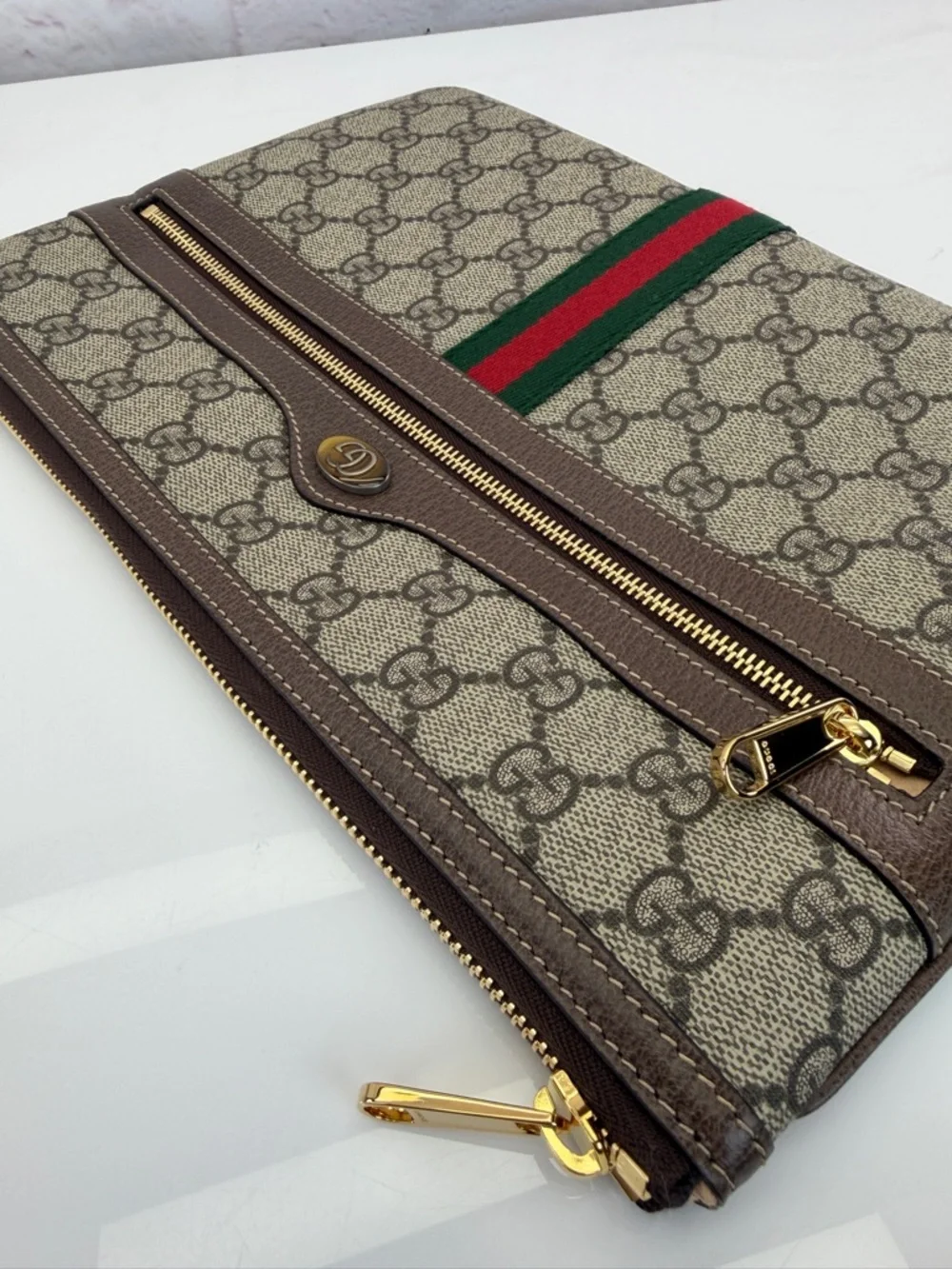 Gucci GG Supreme Ophidia Canvas Pouch Clutch with Web Stripe - Brown/Tan - Picture 6 of 14